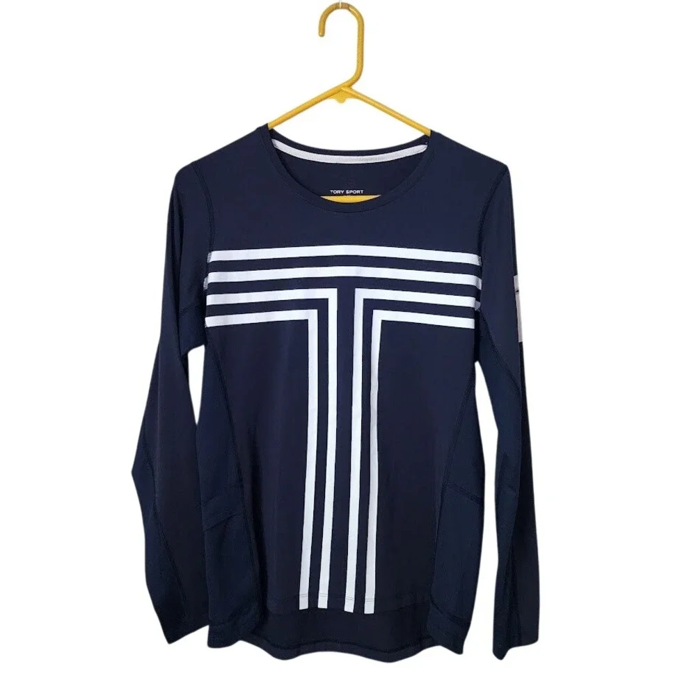 TORY BURCH SPORT Running Active Performance Long Sleeve Graphic Top Striped T XL